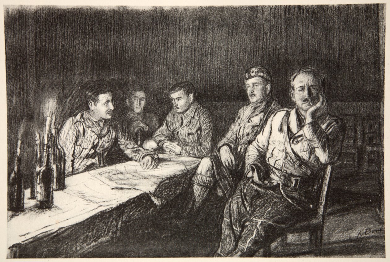 Comedor de oficiales Gordon Highlander, ilustración de "The Western Front", pub. by Country Life Ltd de David Muirhead Bone