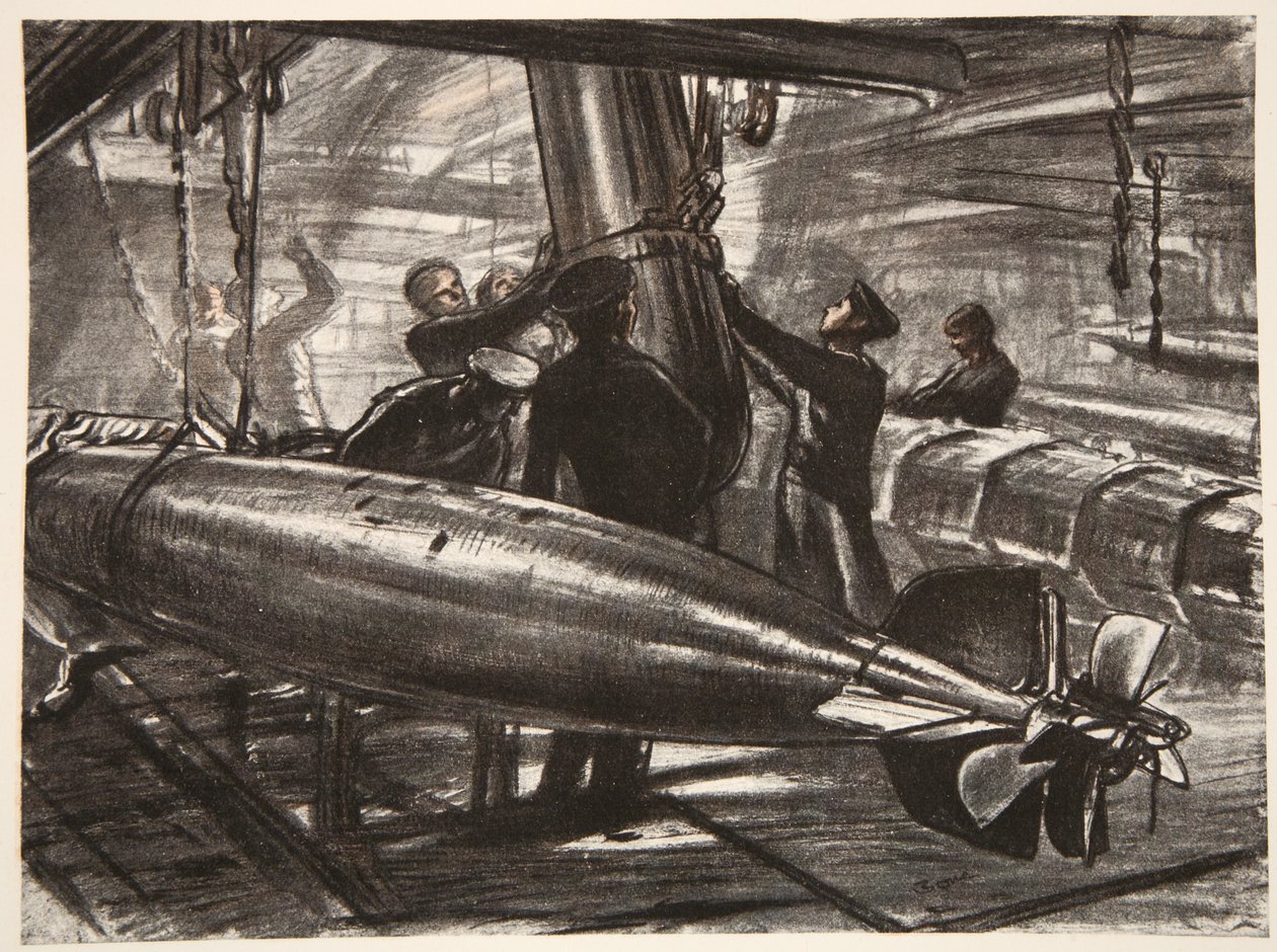 En el piso de torpedos sumergido de un acorazado, ilustración de 