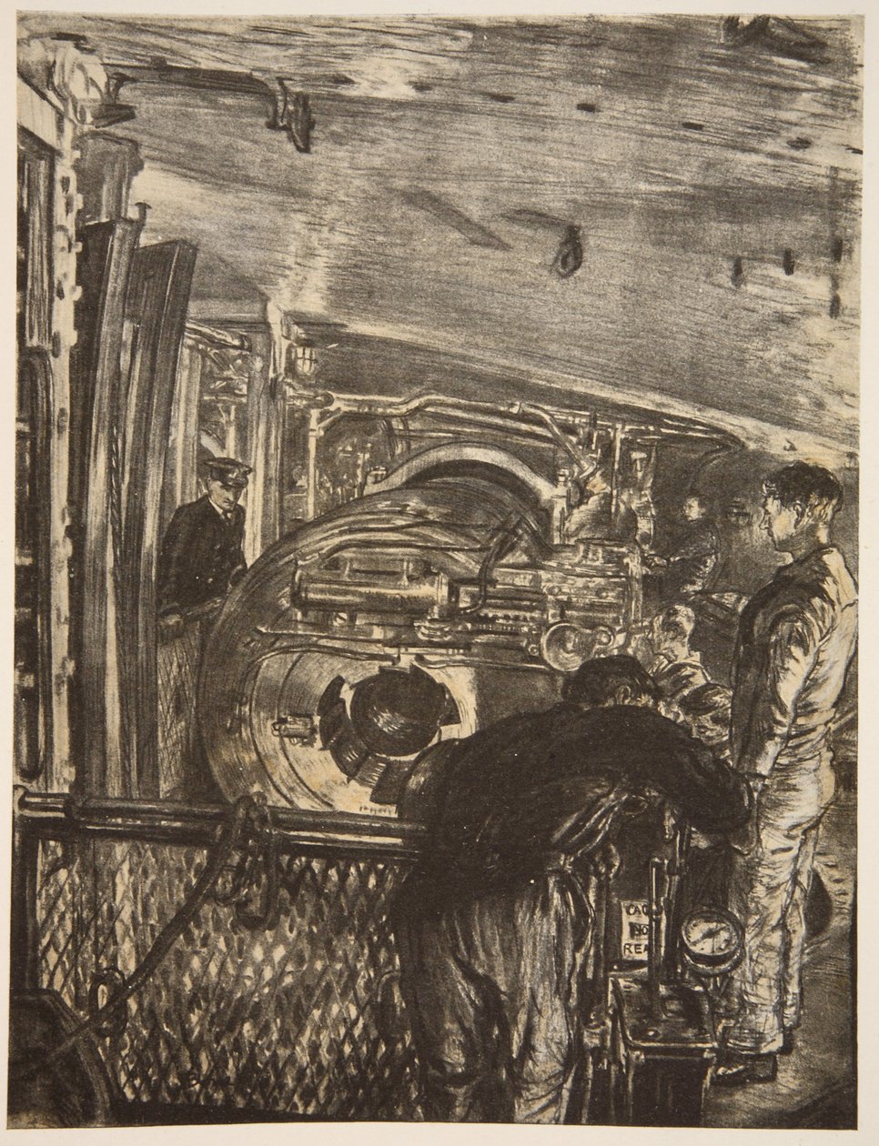 Interior de la torreta, ilustración de "The Western Front", pub. by Country Life Ltd de David Muirhead Bone
