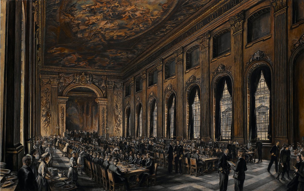 Oficiales cenando en la sala pintada (en el Hospital Real de Greenwich, Inglaterra, para retirados navales) durante la Segunda Guerra Mundial (1939-1945) de David Muirhead Bone