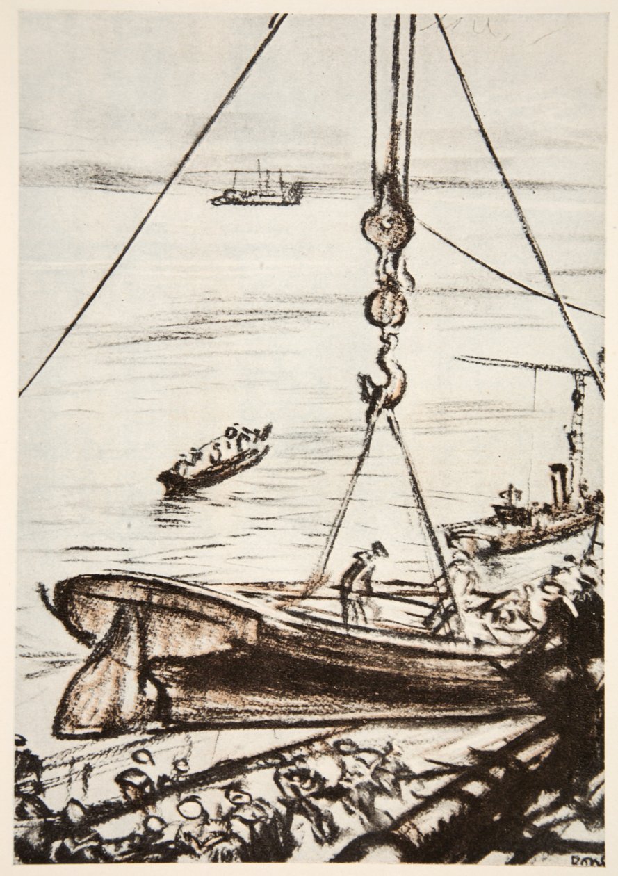 En un acorazado: bajando un bote de la grúa principal, ilustración de 