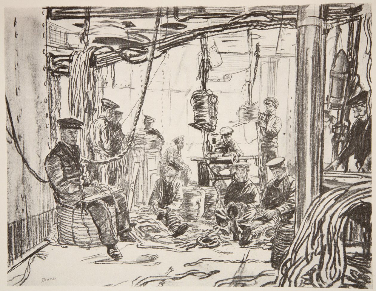 Marineros en un acorazado fabricando municiones para el ejército, ilustración de 