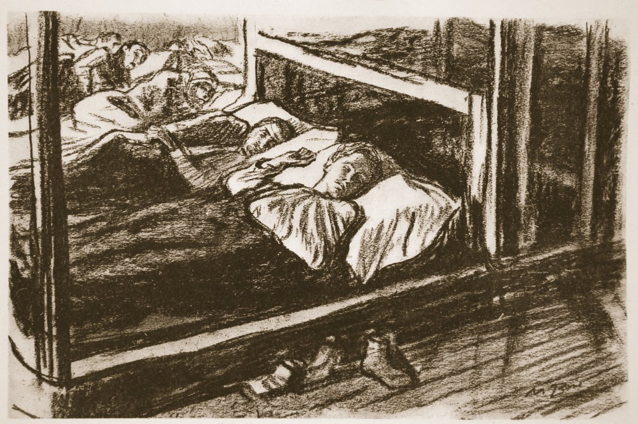 Heridos durmiendo en el Somme, ilustración de "The Western Front", pub. by Country Life Ltd. de David Muirhead Bone