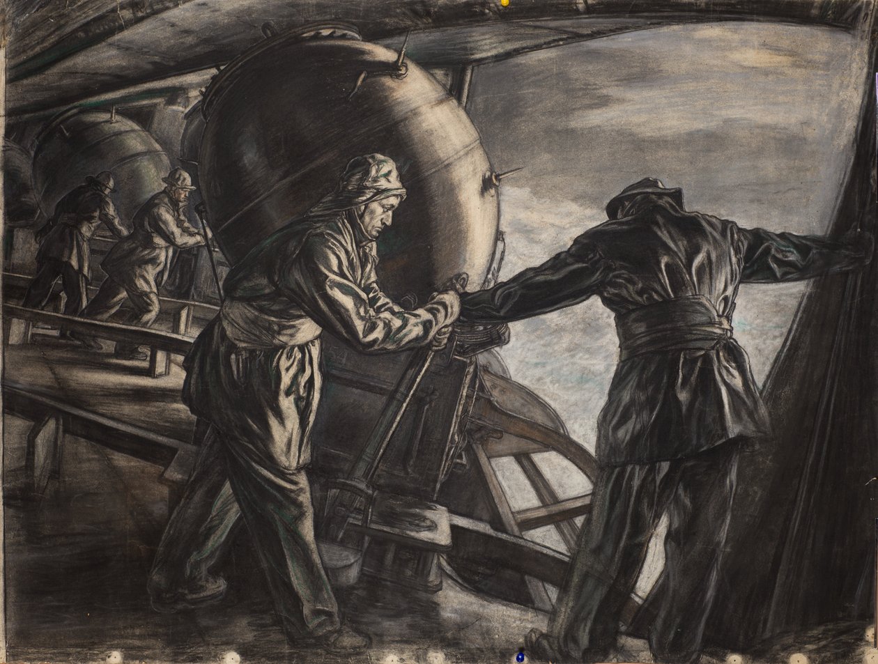 Study for Winter Mine-Laying off Iceland, c.1942 (carboncillo y tiza de color sobre papel) de David Muirhead Bone
