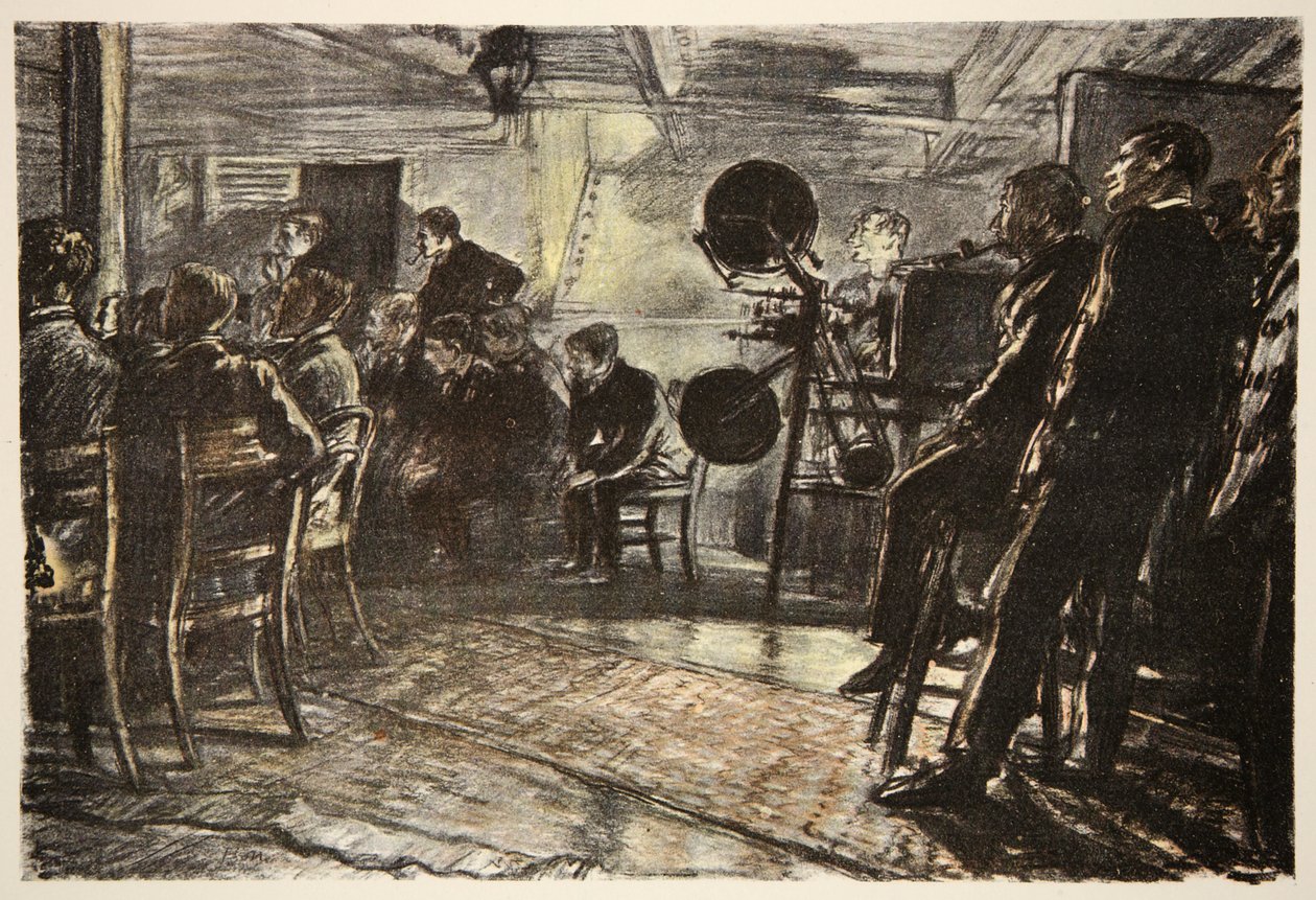 The Cinema on a Battleship, ilustración de "The Western Front", pub. by Country Life Ltd de David Muirhead Bone