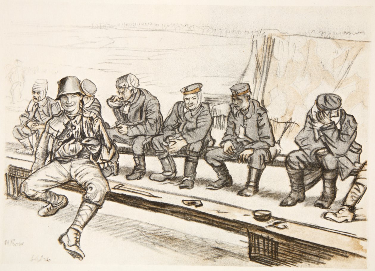 El guerrero feliz, ilustración de "The Western Front", pub. by Country Life Ltd de David Muirhead Bone