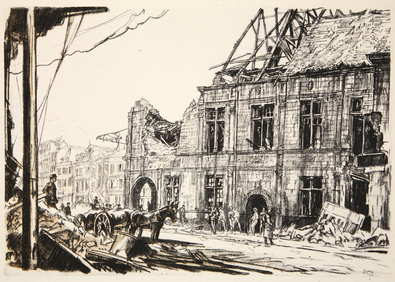 El Ayuntamiento de Peronne, ilustración de "The Western Front", pub. by Country Life Ltd de David Muirhead Bone