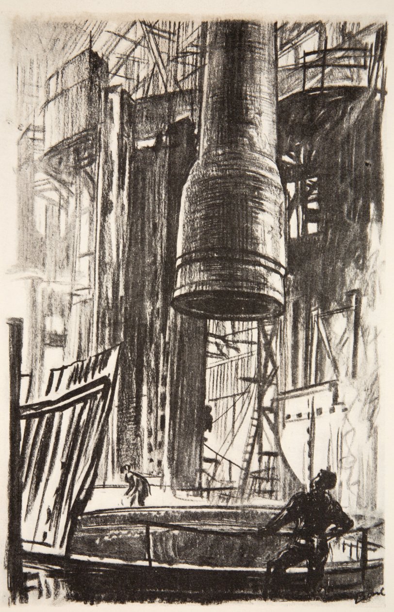 El foso del cañón: una coraza de cañón entrando en el depósito de petróleo, ilustración de "The Western Front", pub. by Country Life Ltd. de David Muirhead Bone