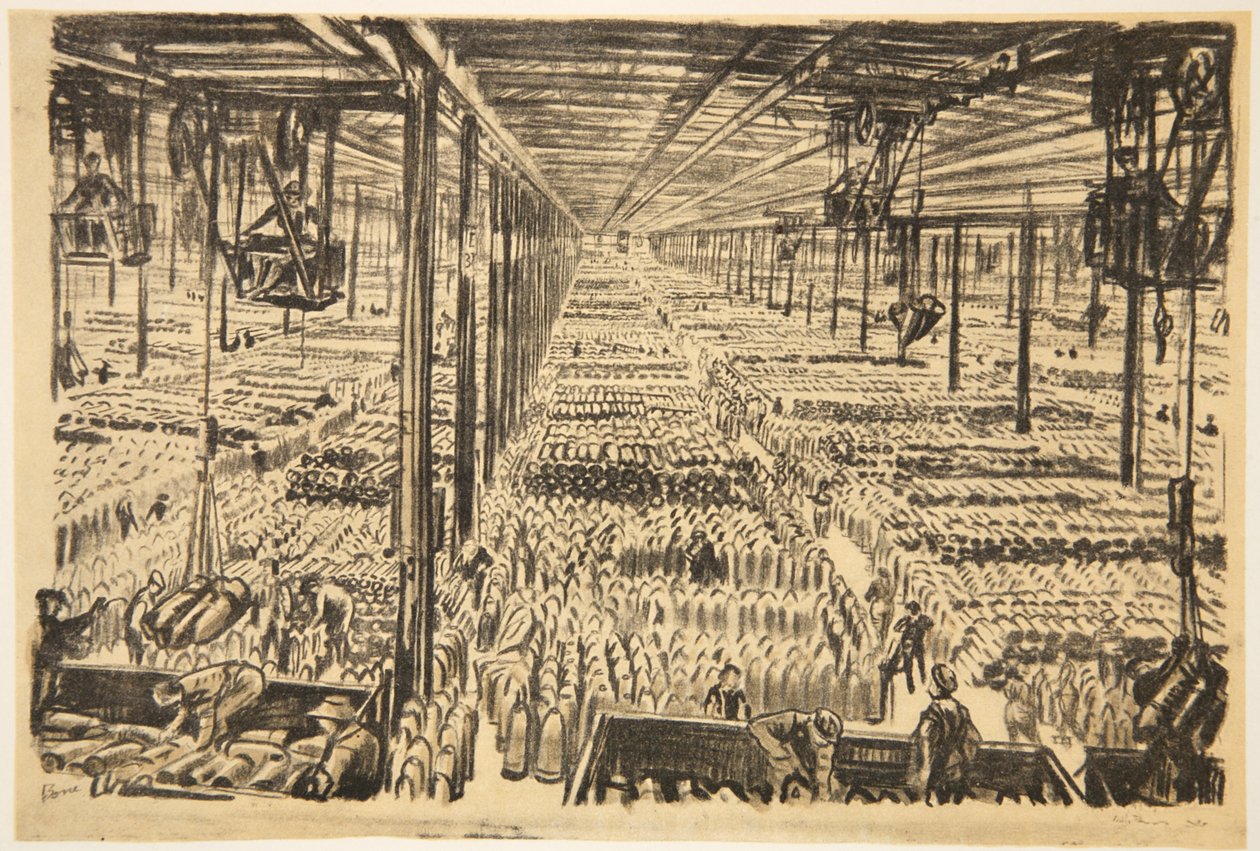 La sala del millón de proyectiles, ilustración de "The Western Front", pub. by Country Life Ltd de David Muirhead Bone