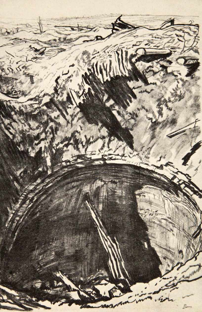 La fosa de la Granja Mouquet, ilustración de "The Western Front", pub. by Country Life Ltd de David Muirhead Bone