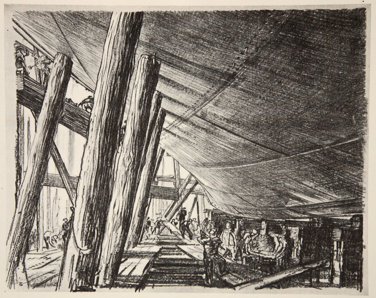 Debajo de un barco, ilustración de "The Western Front", pub. by Country Life Ltd de David Muirhead Bone