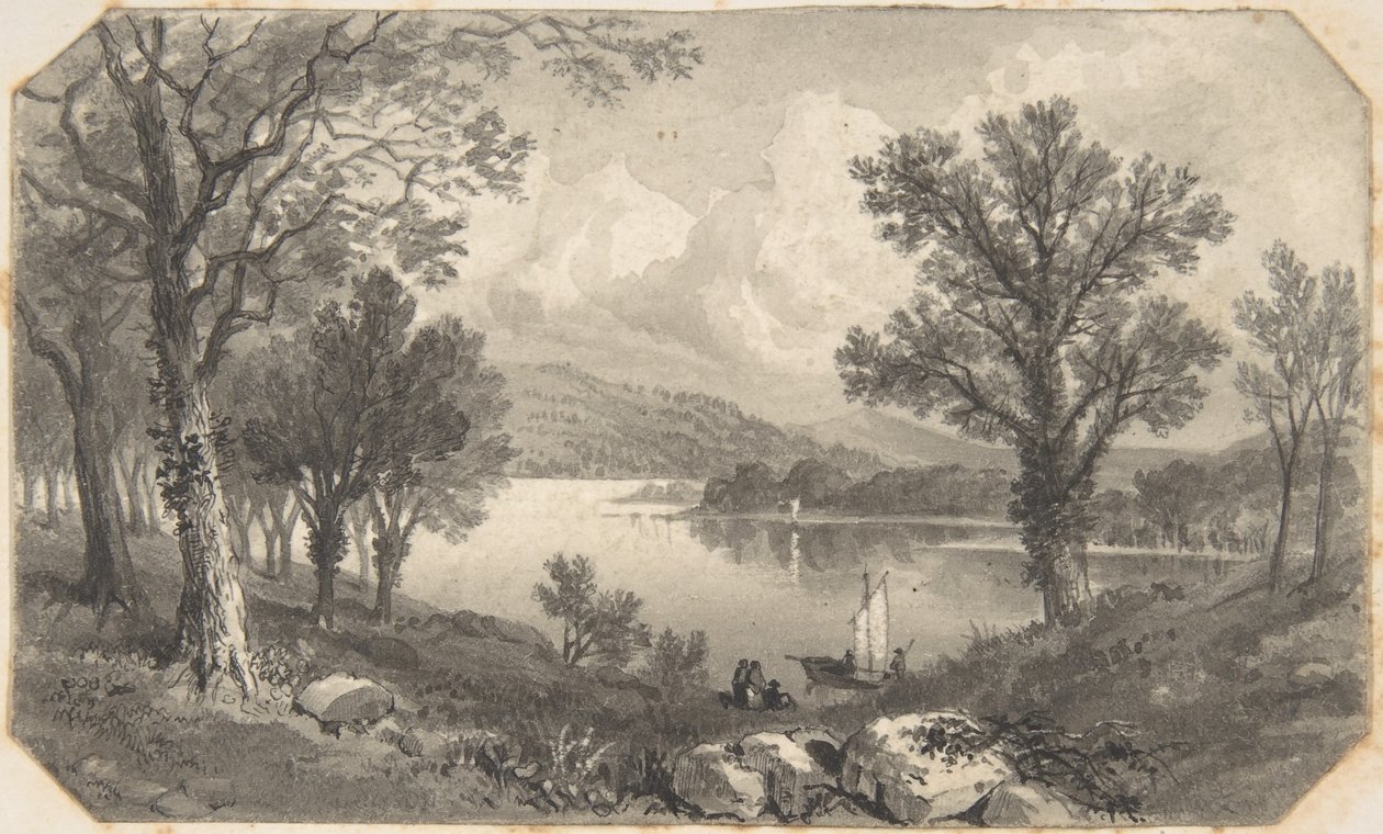 Vista de un lago o río con un velero de David Octavius Hill
