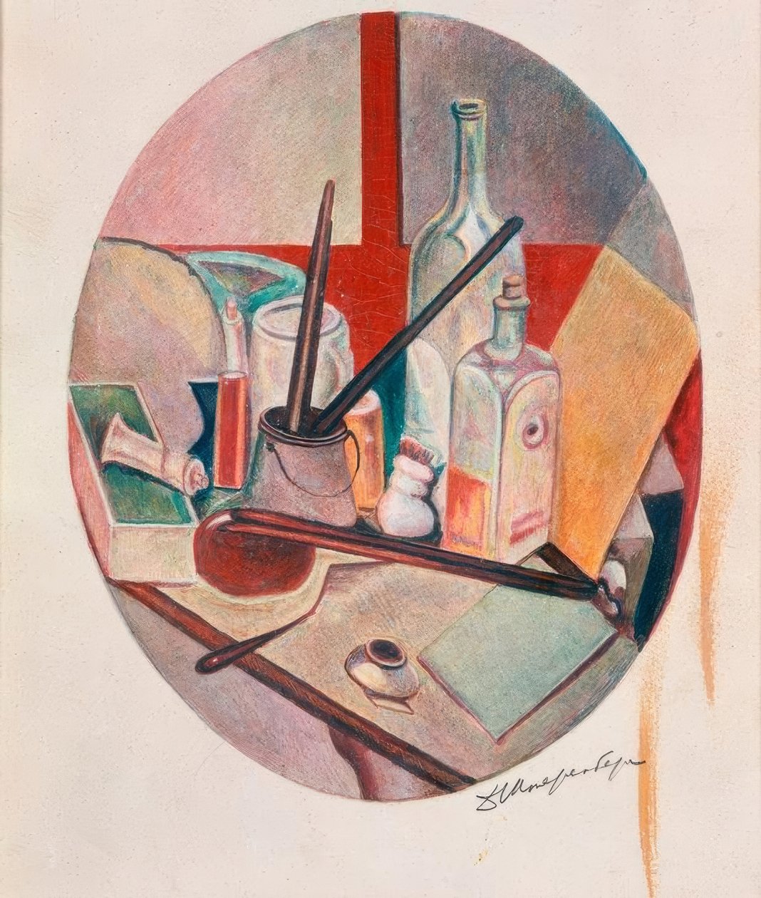 Naturaleza muerta ovalada con botella y materiales de pintura de David Petrowitsch Sterenberg