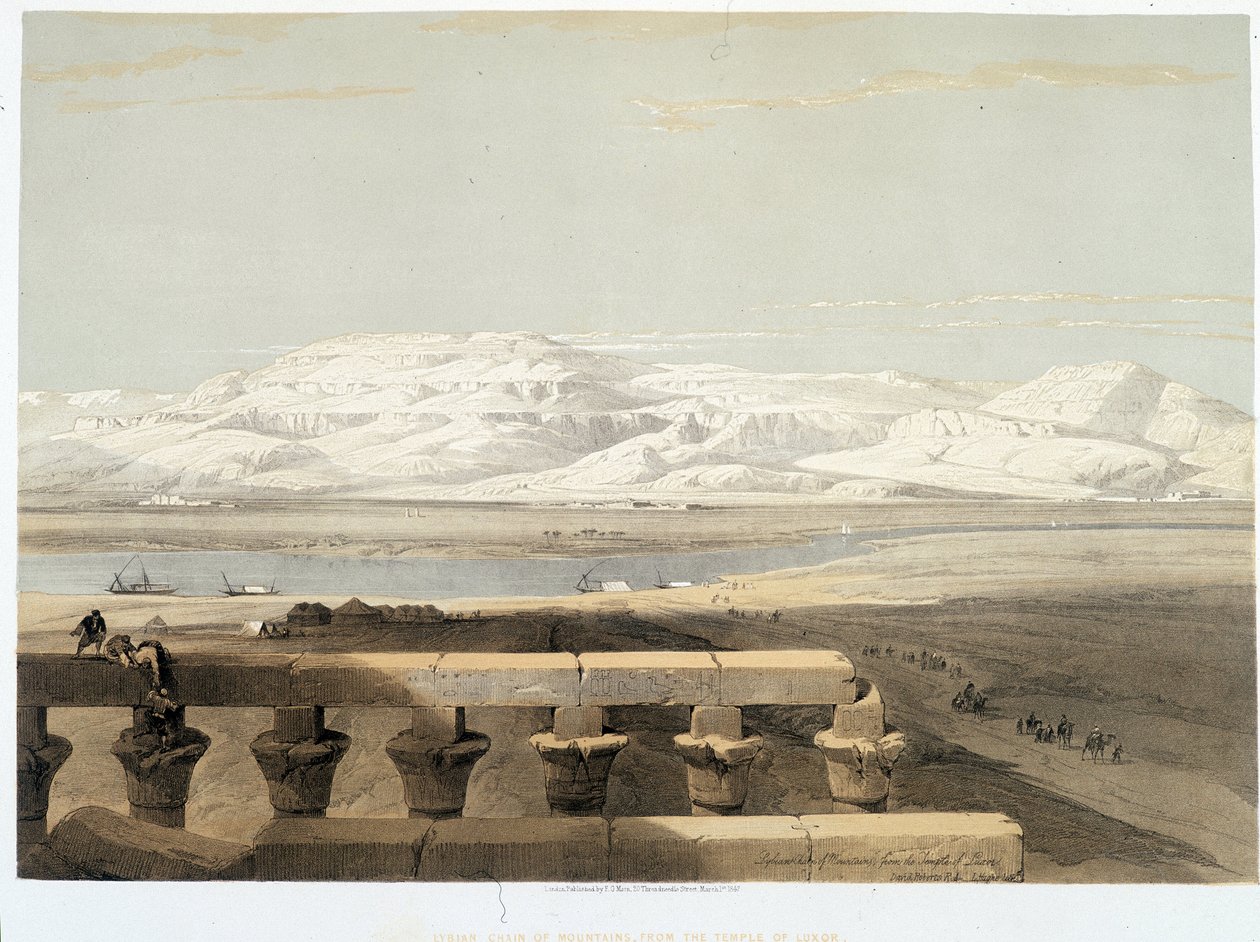 Montaña en Libia, vista desde el templo de Luxor en Egipto. Dibujo hecho en 1838 en "La Tierra Santa", Londres 1849 de David Roberts