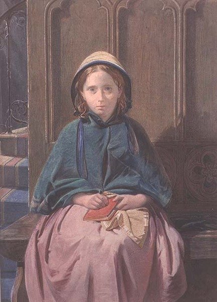 Retrato de una niña leyendo en un banco de iglesia de David Roberts