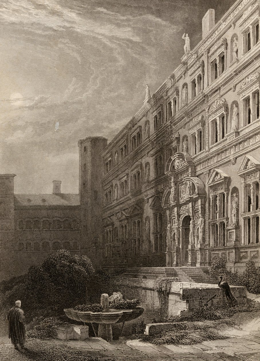 El gran patio de Heidelberg, grabado por H. Winkles, ilustración de 