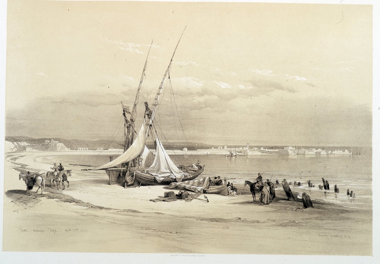 Vista de la ciudad de Tiro (Tiro) en Líbano, dibujo realizado el 27/04/1839 en “La Tierra Santa”, Londres 1849 de David Roberts