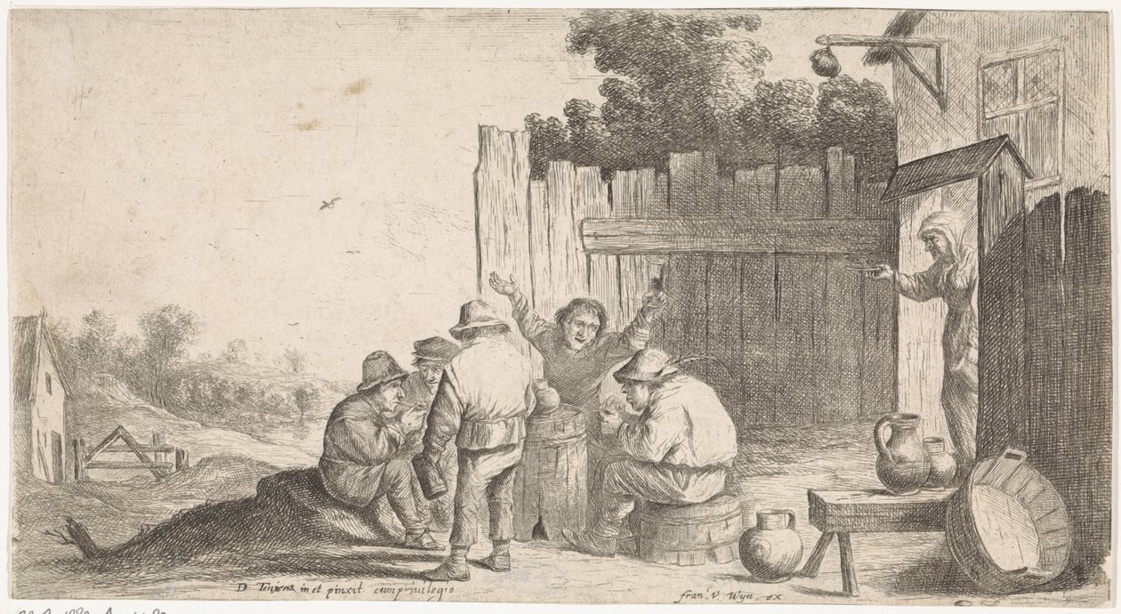 Cinco granjeros alrededor de una tonelada Escenas de género al aire libre (título de serie) de David Teniers (II) (attributed to workshop of)