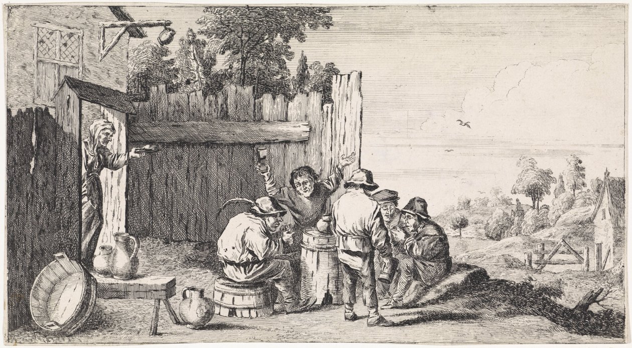 Cinco granjeros alrededor de una tonelada Escenas de género al aire libre (título de serie) de David Teniers (II)