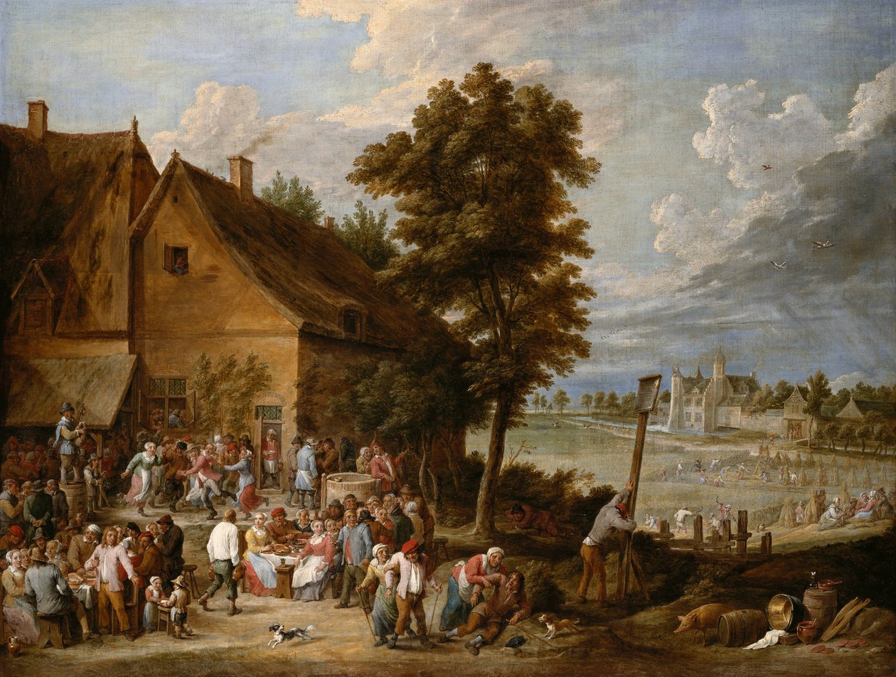 Un festín en tiempo de cosecha, con la casa de Drij Toren al fondo de David Teniers the Younger