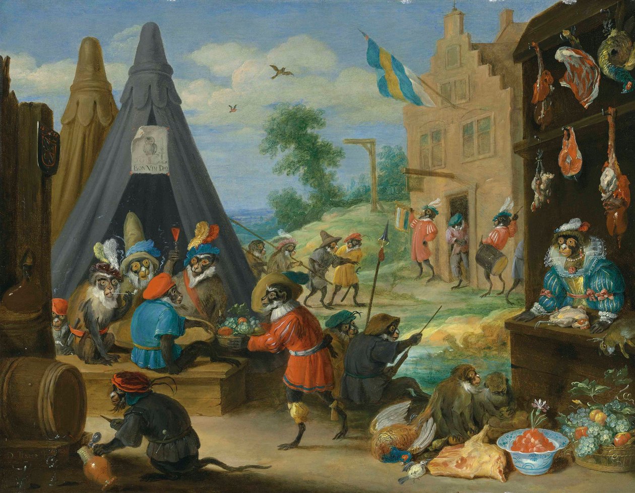 Un festival de monos (Monos vestidos de soldados en un campamento cerca de una ciudad) de David Teniers the Younger