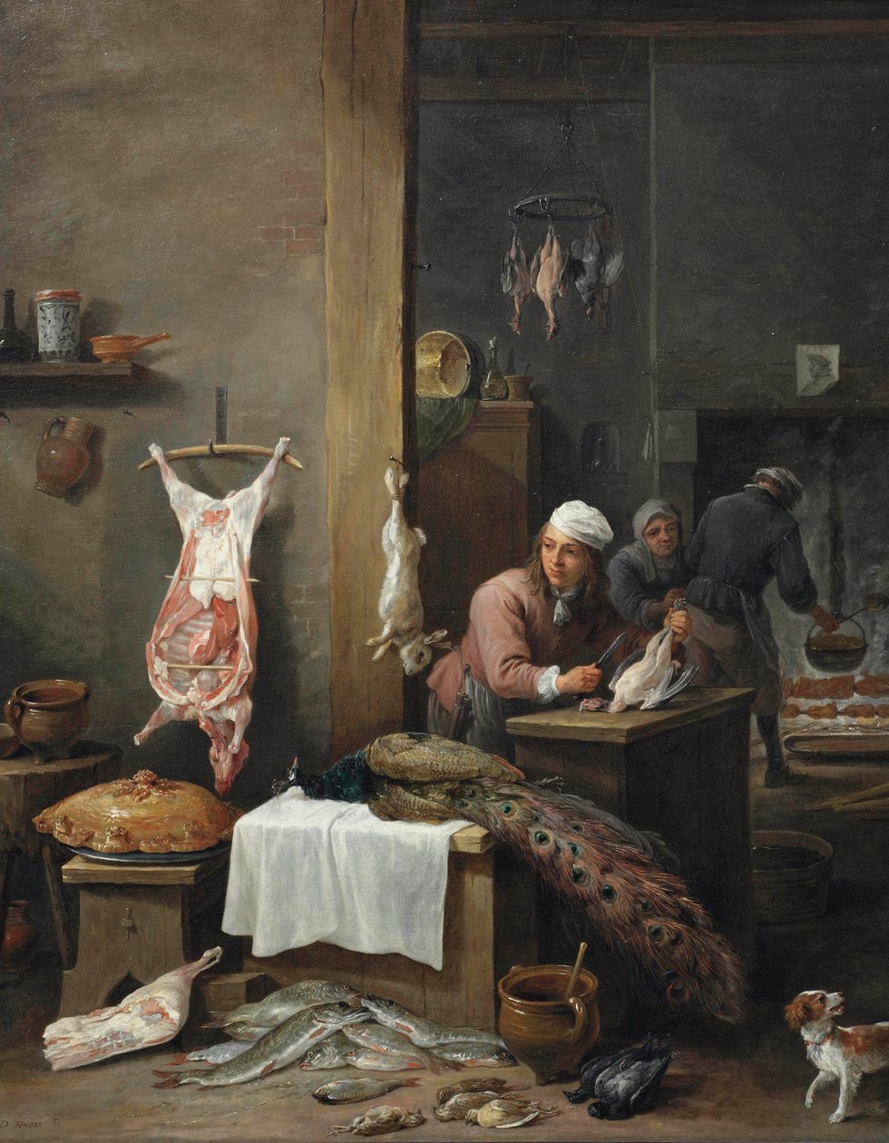 Interior de una cocina con un cocinero preparando caza en una mesa (Le Cuisinier Flamand) de David Teniers the Younger
