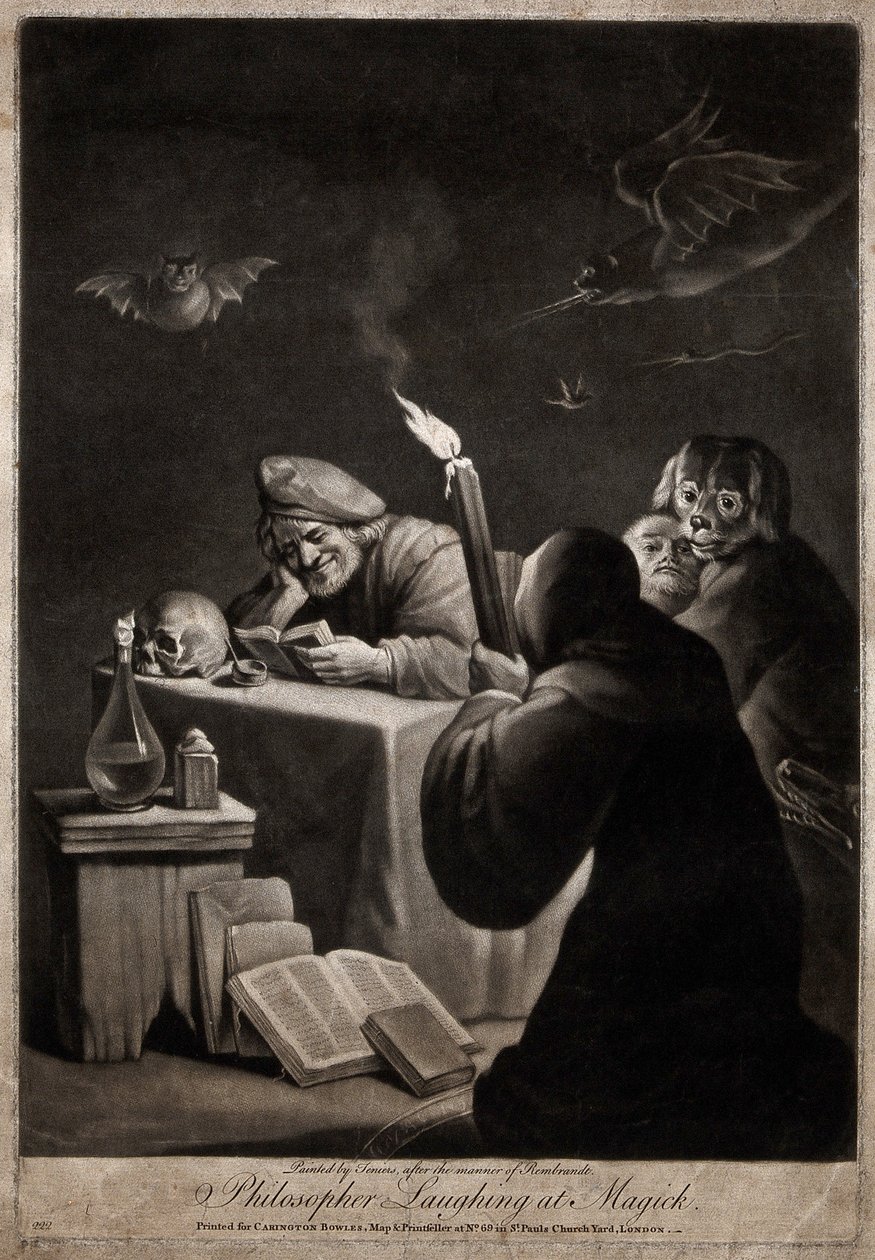 Un hombre leyendo un libro, sonriendo; a su lado un encapuchado, de rodillas de David Teniers the Younger