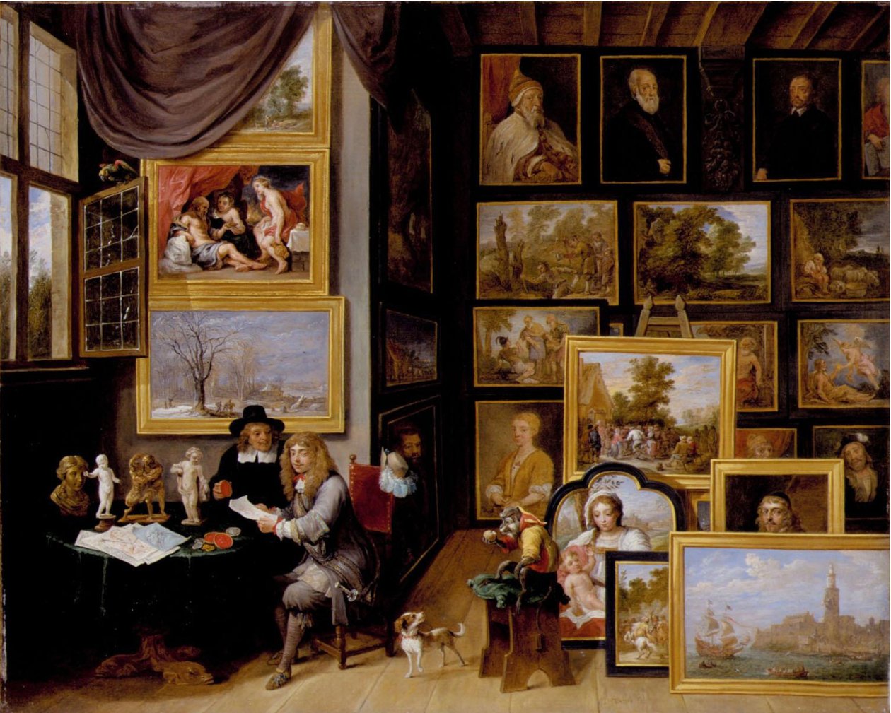 Una galería de imágenes con dos hombres que examinan un sello y un dibujo de tiza roja, y un mono presente de David Teniers the Younger