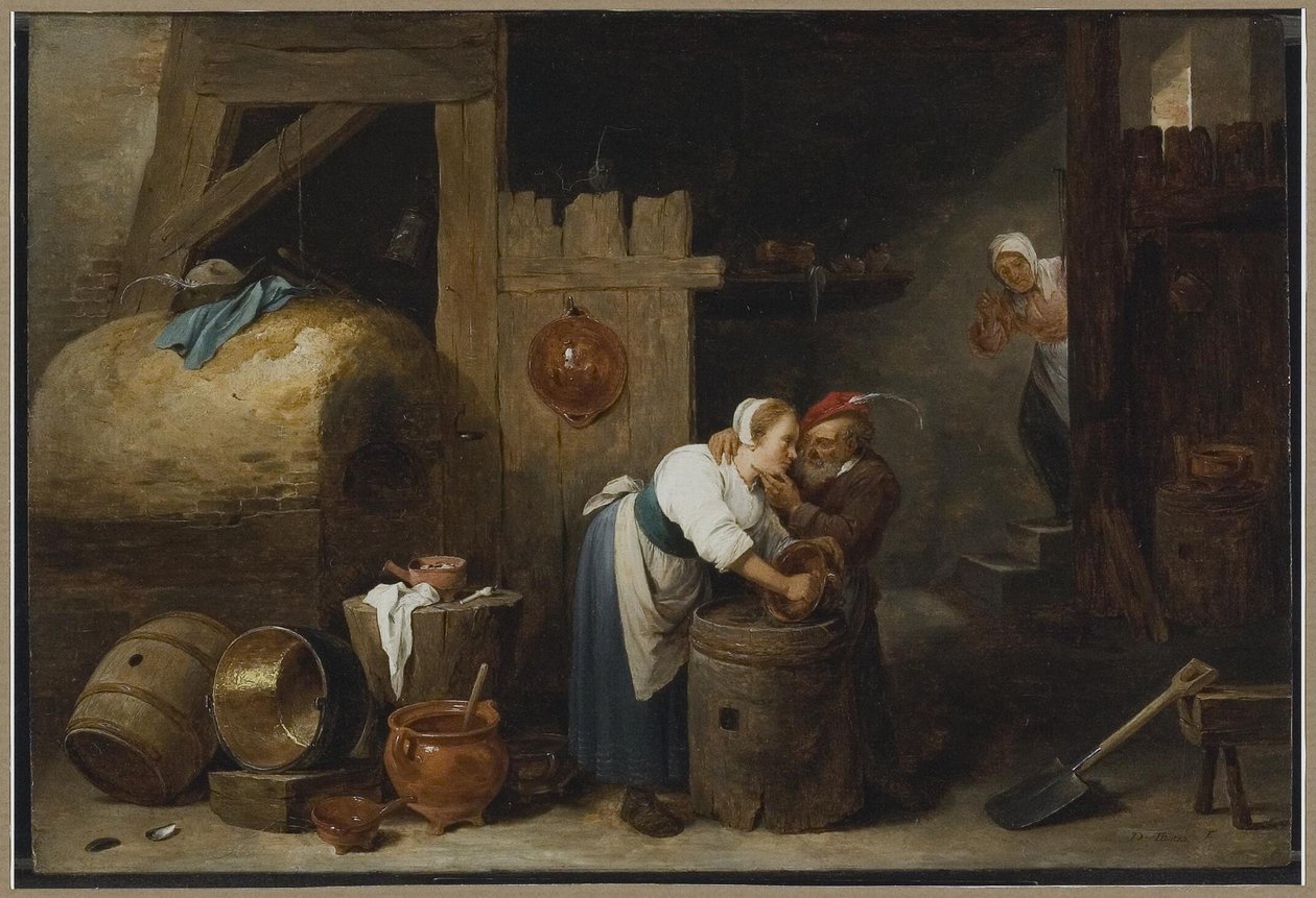 Interior con una joven fregando cacharros mientras un anciano la molesta de David Teniers the Younger