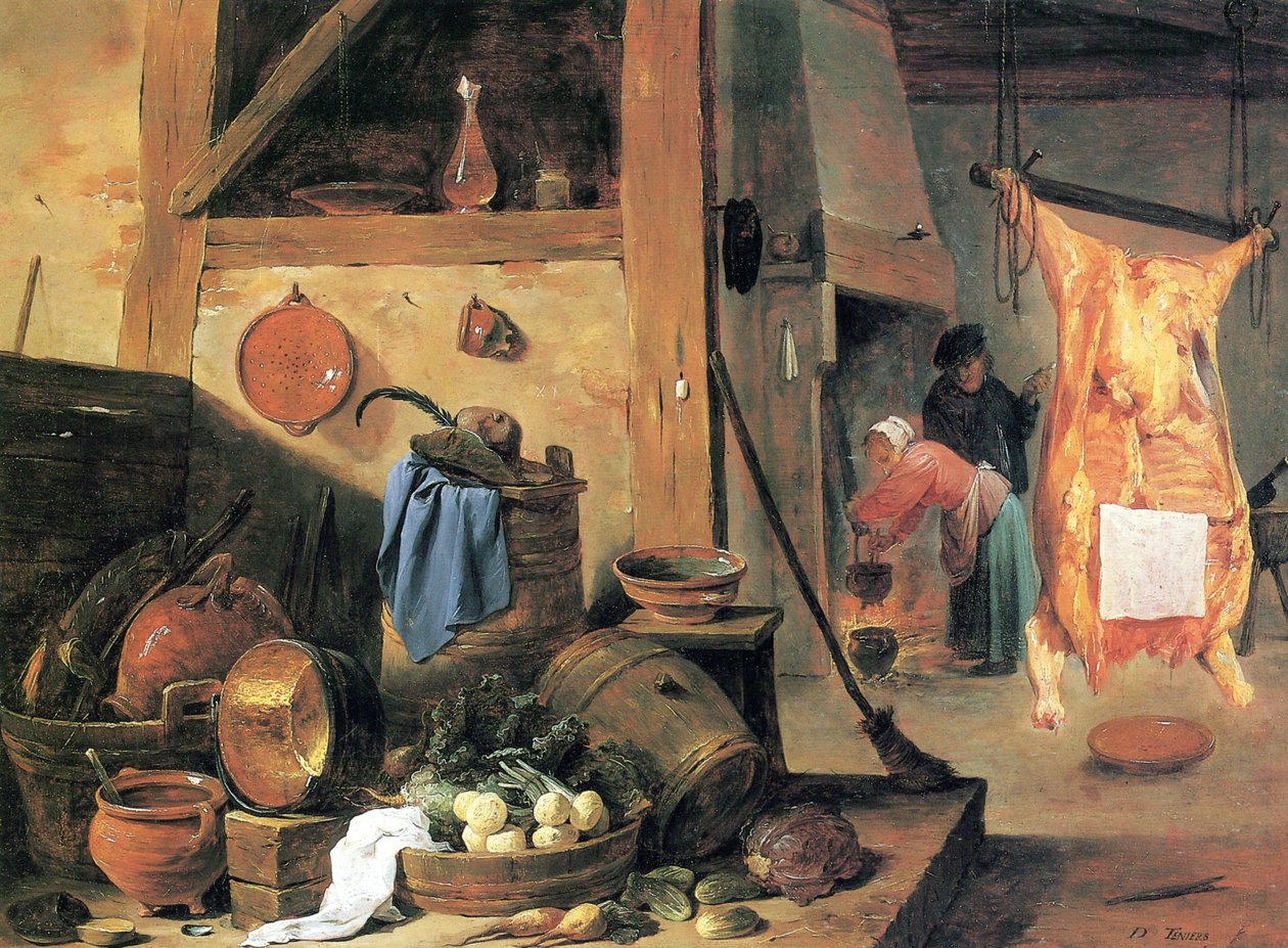 Interior de cocina con bodegón y buey sacrificado de David Teniers the Younger