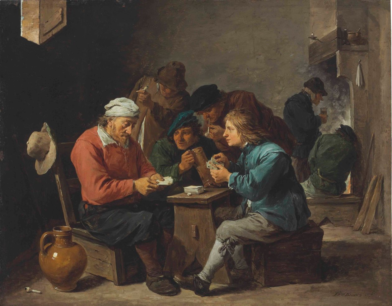Campesinos jugando a las cartas en un interior de David Teniers the Younger