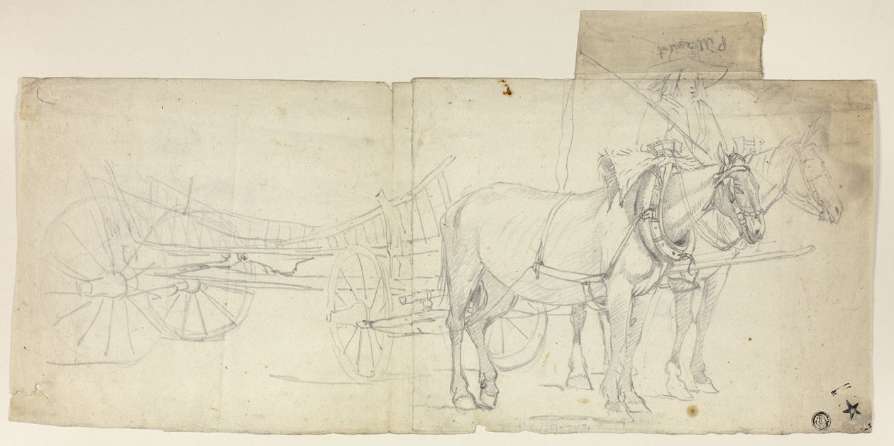 Equipo de dos caballos con conductor, tirando de un carruaje (anverso); bocetos de mujeres agachadas (reverso) de David Teniers the Younger