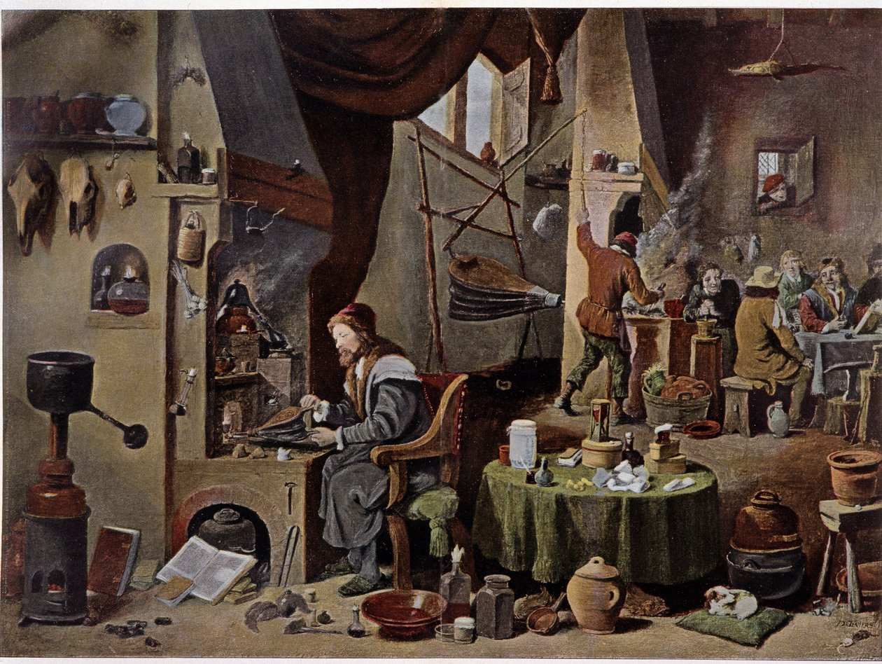Laboratorio de un alquimista en el siglo XVII - según la pintura de David Téniers el Joven de David the Younger (after) Teniers