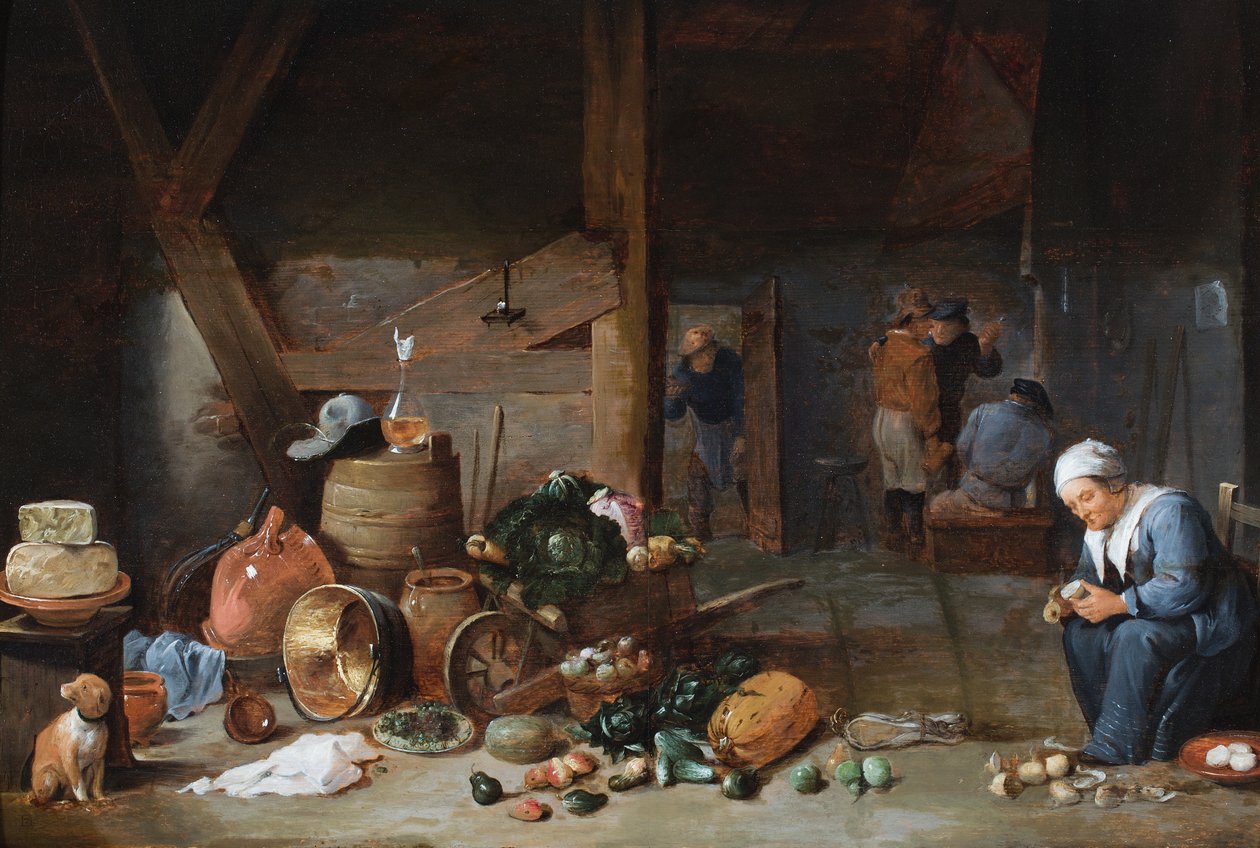 Interior de una cocina con una mujer preparando verduras, figuras conversando más allá (óleo sobre tabla) de David the Younger (circle of) Teniers