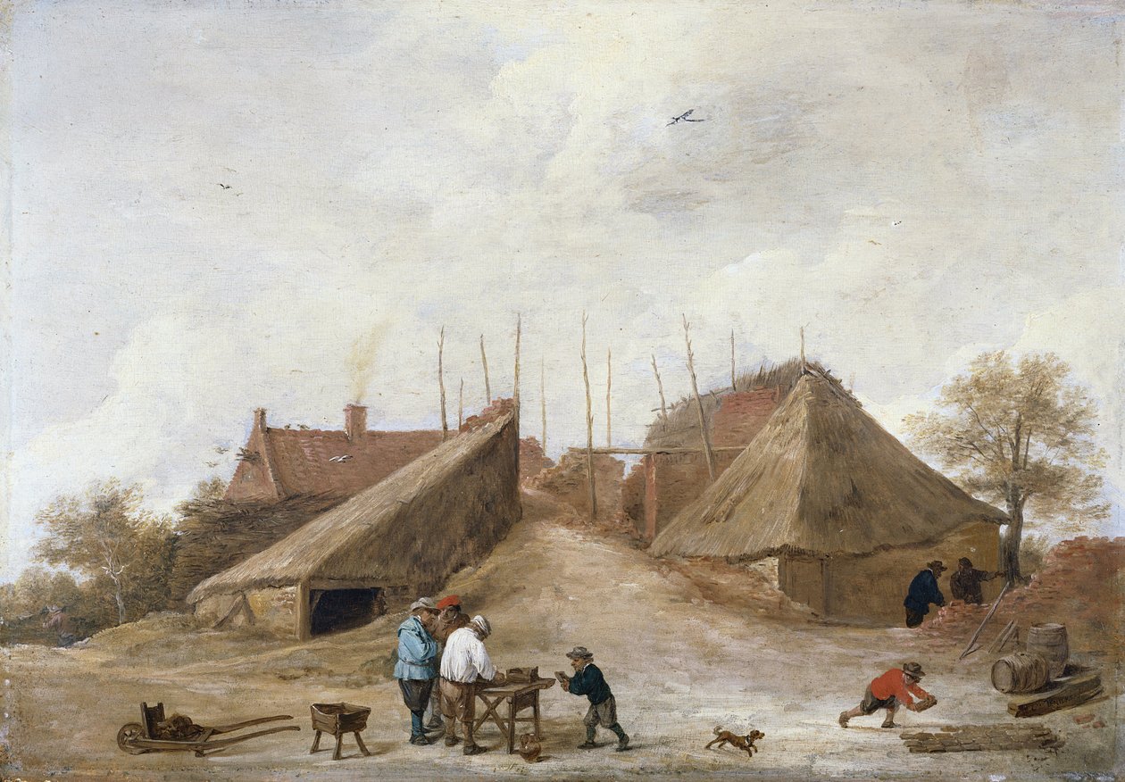 Un patio de granja con figuras alrededor de una mesa de David Teniers the Younger