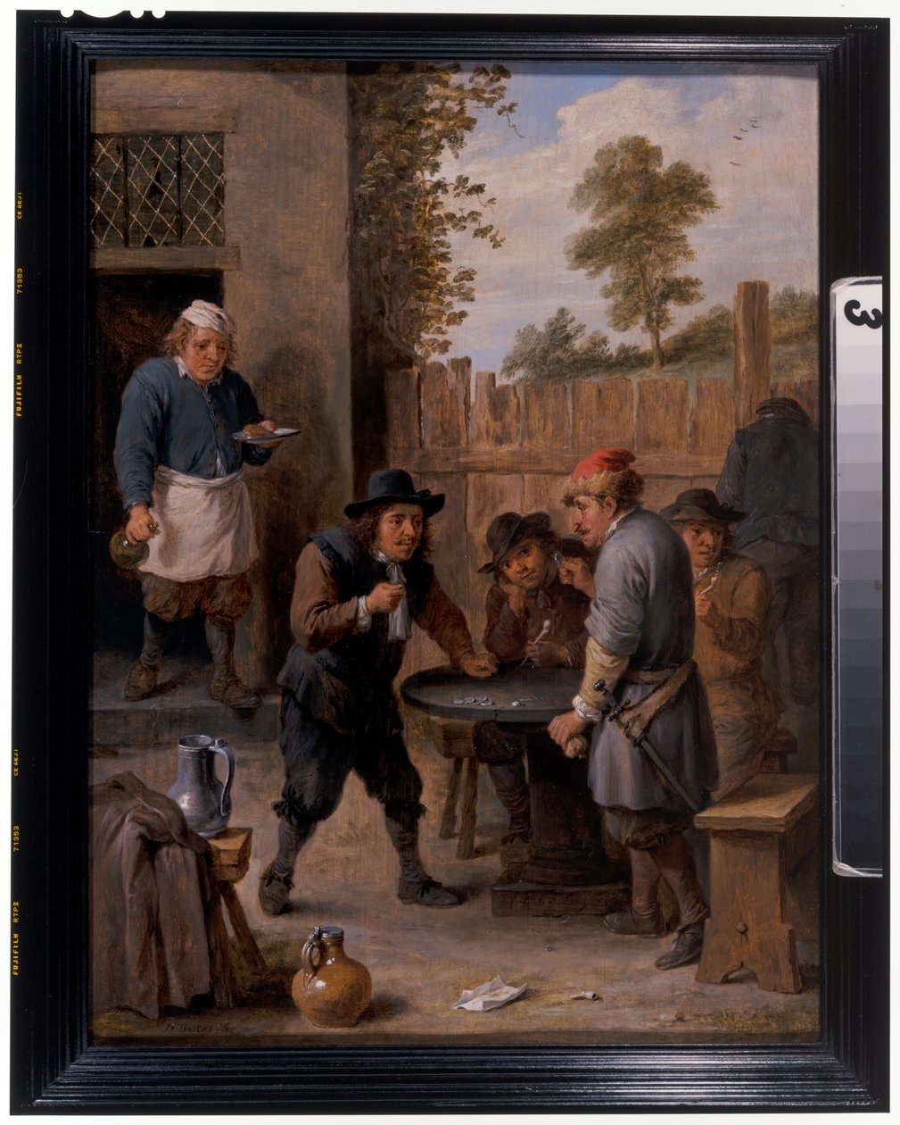 Campesinos jugando a los dados fuera de una posada de David the Younger Teniers