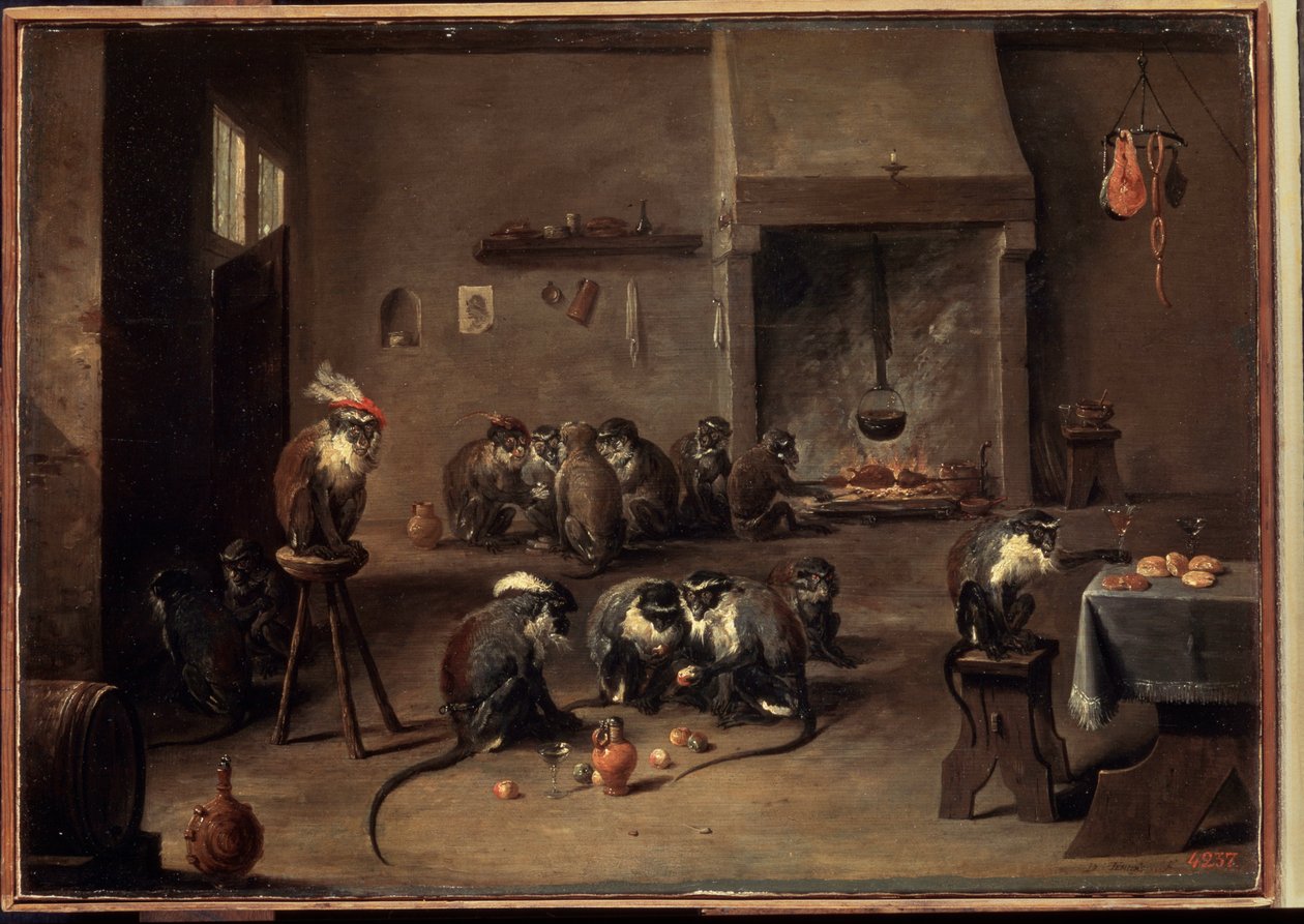 Monos en la cocina. Pintura de David Teniers el joven (1610-1690). Óleo sobre lienzo, 36 x 50,5 cm, hacia 1640. Arte flamenco, arte barroco. Museo del Hermitage, San Petersburgo. de David Teniers the Younger
