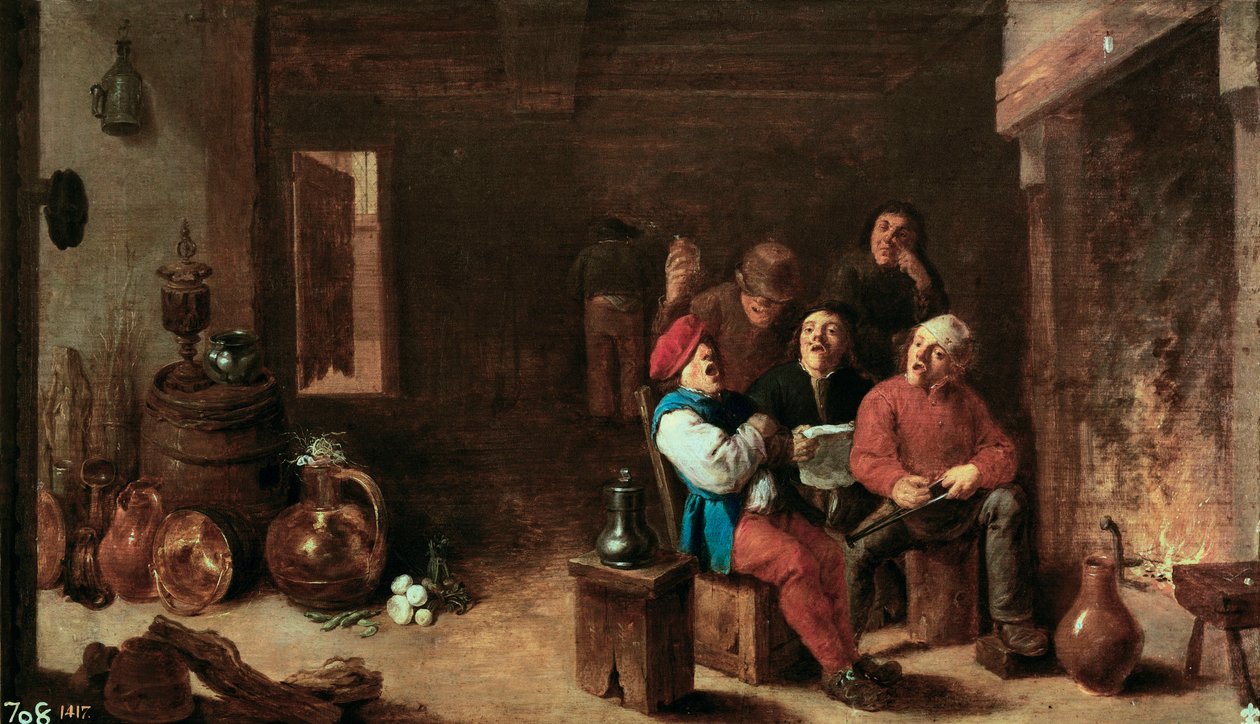 Cantando en la cocina. Pintura de David Teniers II el Joven (1610-1690). Óleo sobre madera, circa 1633, arte flamenco. Museo del Prado, Madrid de David Teniers the Younger