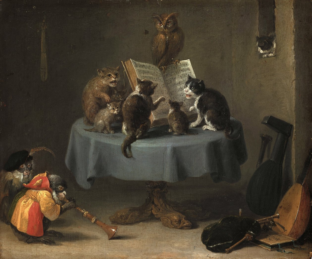 El Concierto de Cats par Teniers, David, el Joven (1610-1690). Óleo sobre madera, medidas : 26x31,5 de David Teniers the Younger