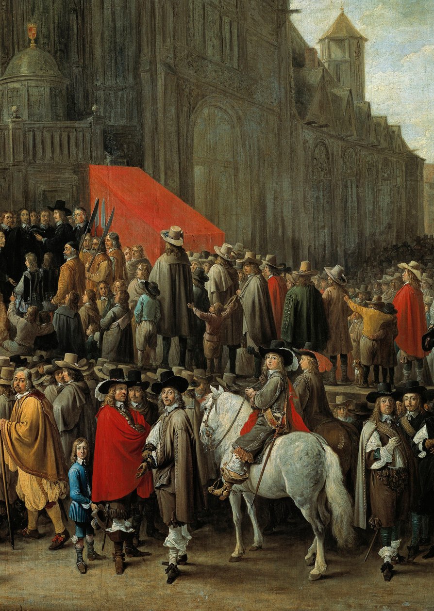 El juego de papegai en Bruselas en 1652 Juego que consiste en disparar a un objetivo hecho de un pájaro de madera o cartón colocado en la parte superior de un poste (detalle) de David Teniers the Younger