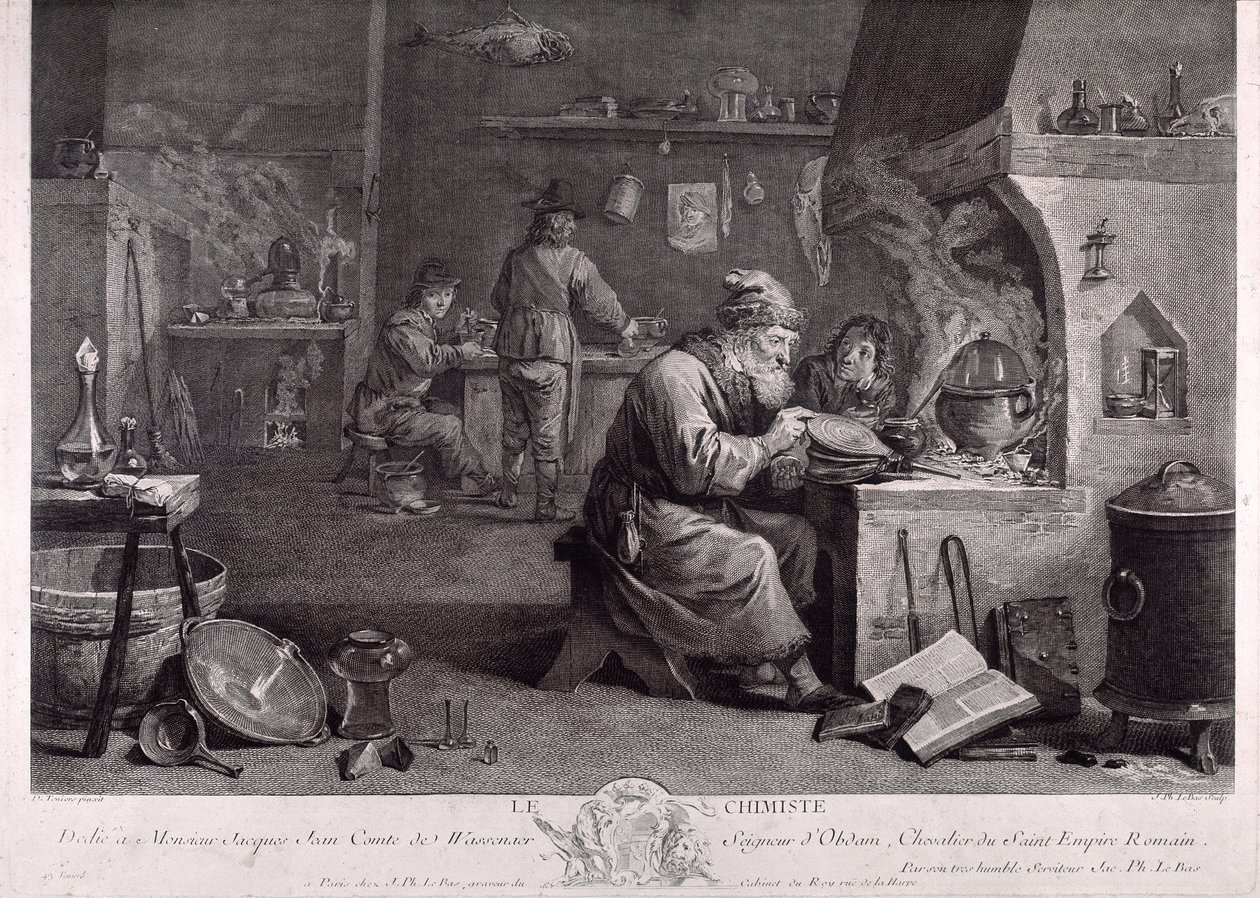 El laboratorio del alquimista (grabado) de David Teniers the Younger