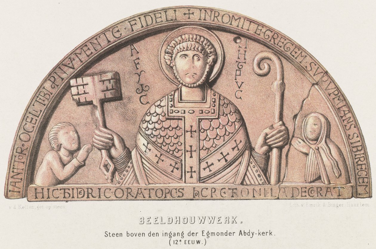 Tympaan van Egmond: tambor de arco con Petrus, el conde Dirk VI de Holanda y su madre, la condesa Petronella, hacia 1120 Escultura. Piedra sobre la entrada de la iglesia de Egmonder Abdy (siglo XII) (título sobre el objeto) de David van der Kellen