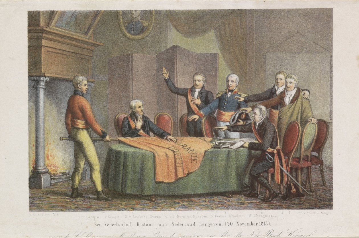 Aceptación del Alto Reinado por el Triunvirato en nombre del Príncipe de Orange, 21 de noviembre de 1813 Restaurar un gobierno holandés en los Países Bajos. (20 de noviembre de 1813) (título sobre objeto) de David van der Kellen