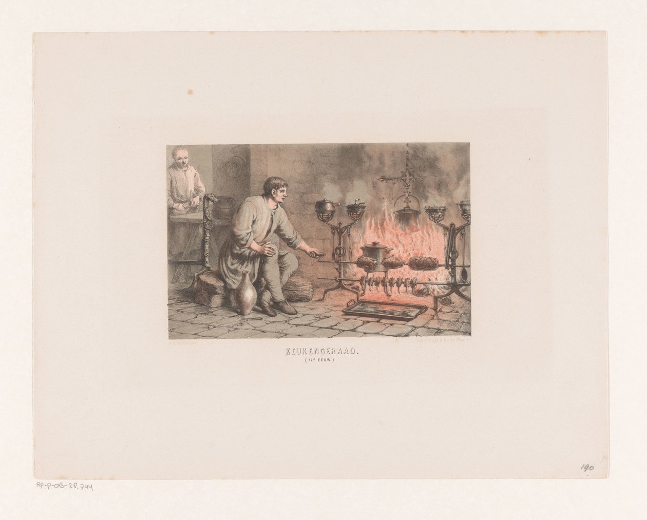 Utensilios de cocina, siglo XIV. batería de cocina. (siglo XIV) (título sobre el objeto) de David van der Kellen