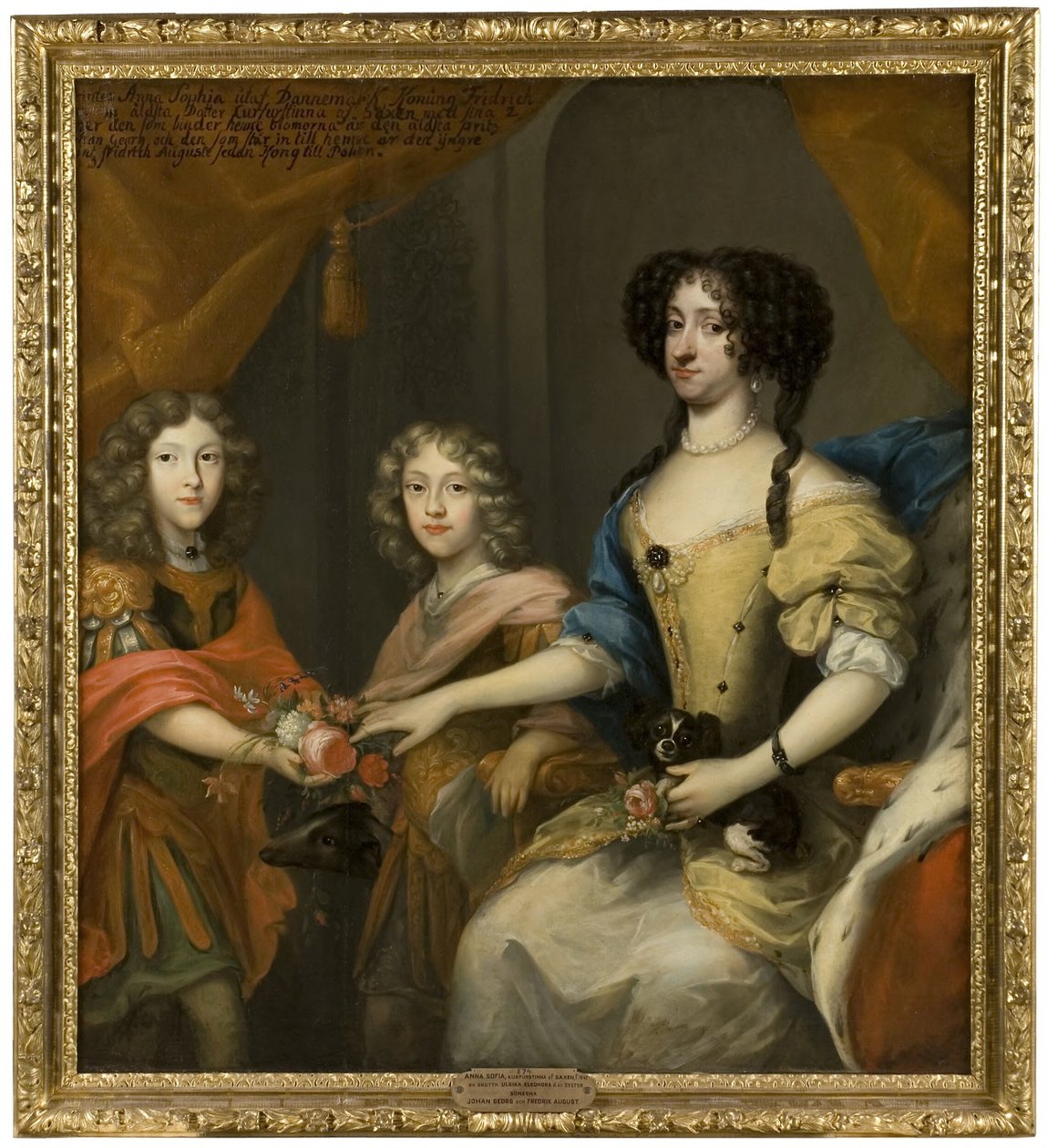 Ana Sofía, 1647-1717, princesa de Dinamarca, electora de Sajonia; sus hijos Juan Jorge IV, 1668-1697, elector de Sajonia, y Federico Augusto I / Augusto II el Fuerte, 1670-1733, elector de Sajonia y rey de Polonia de David von Krafft