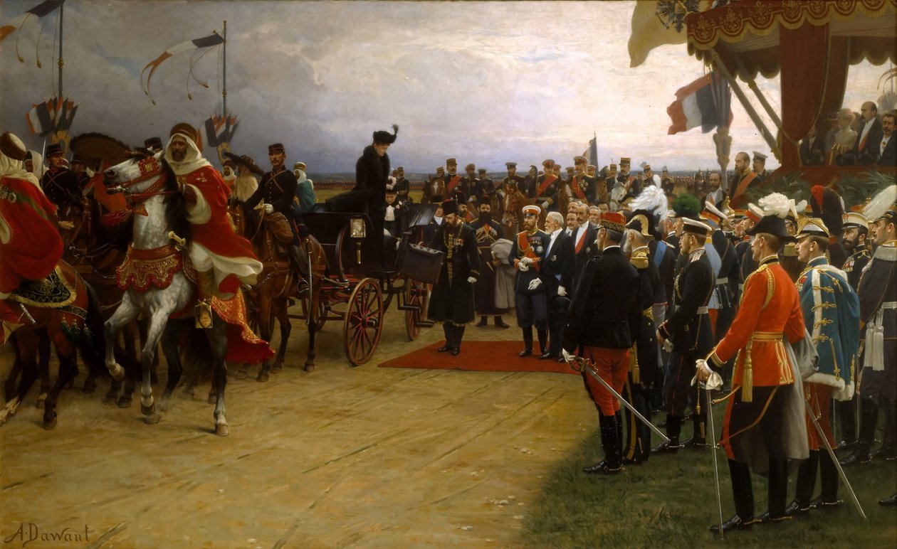 El presidente Émile Loubet da la bienvenida al zar Nicolás II y a la zarina Alexandra en las maniobras en Betheny de Dawant