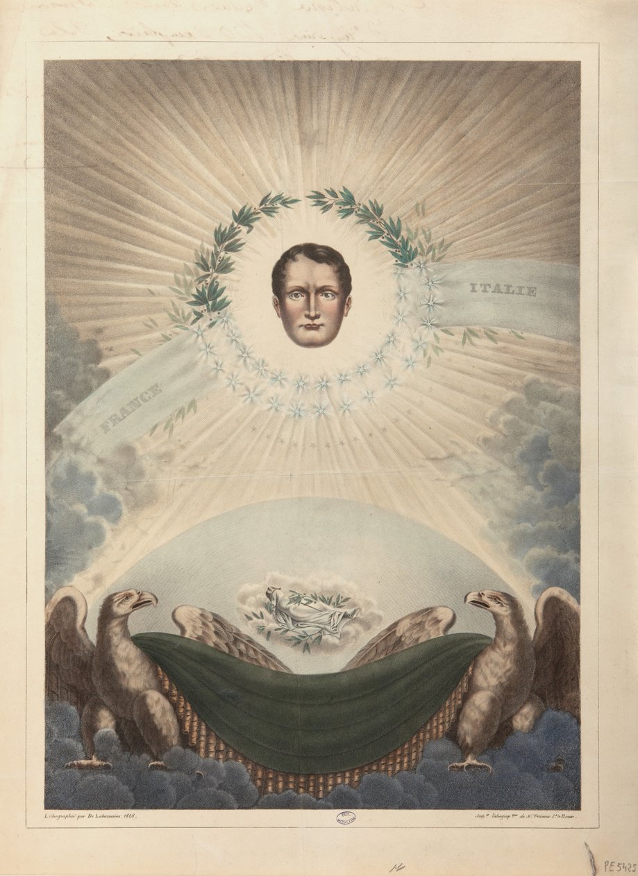 Alegoría de Napoleón rodeado por una corona de laurel y una estrella, y abajo, Napoleón en la muerte envuelto en un sudario, 1828 de De Labarussias
