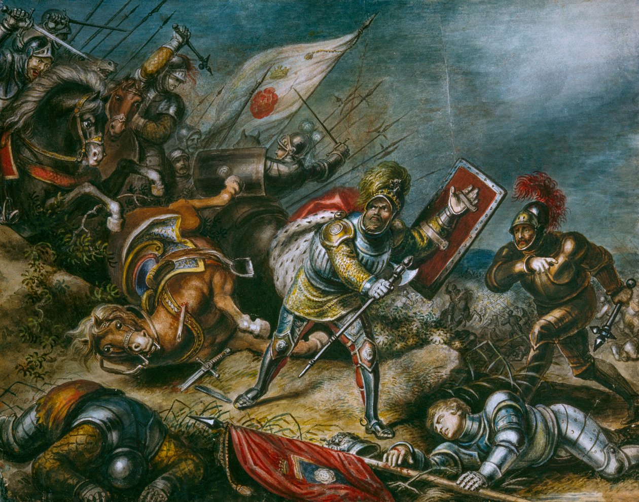 Un cuadro representa a Ricardo III luchando a pie en Bosworth Field. Obra de arte. de Dean Conger