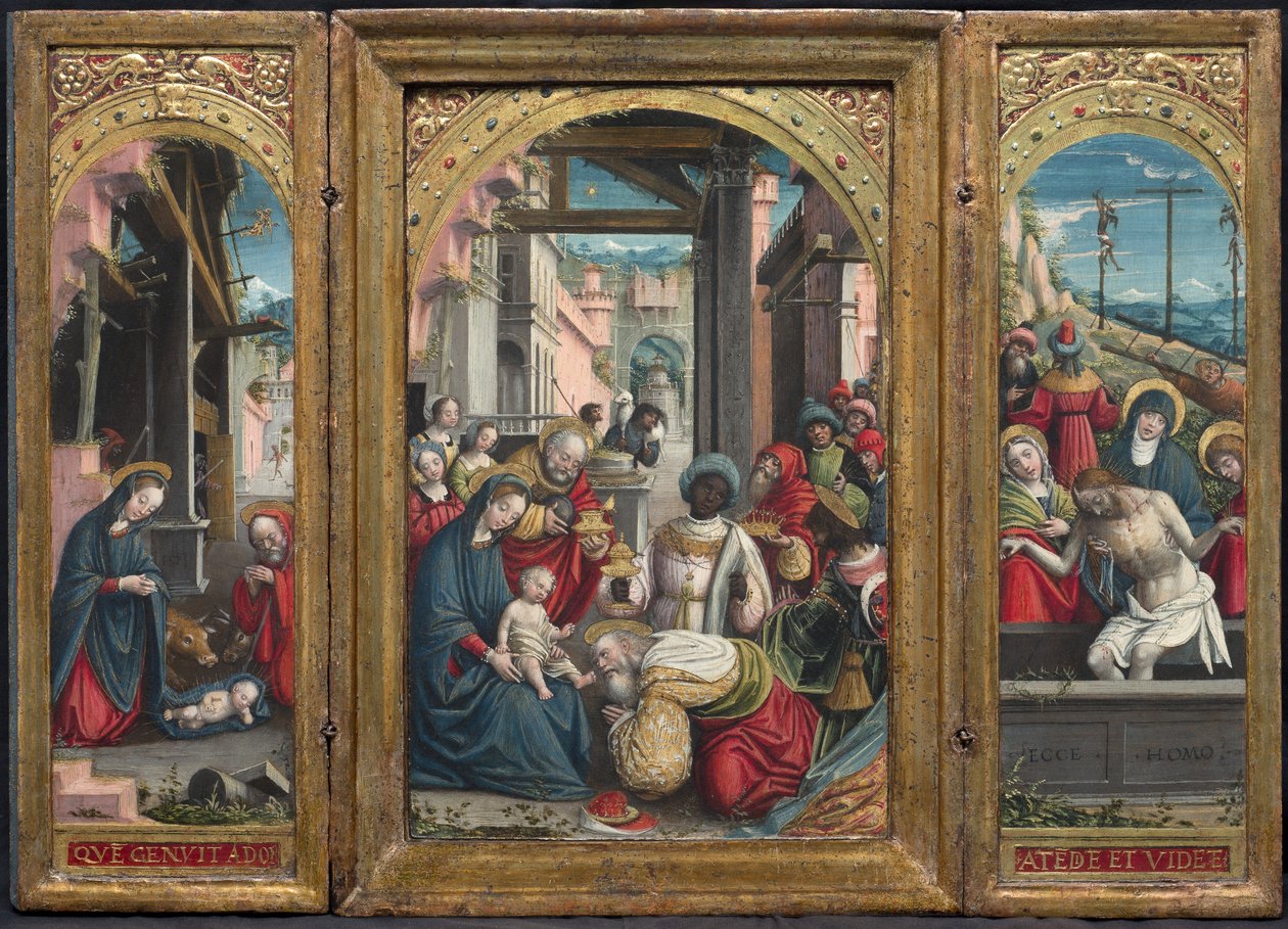 Tríptico con la Natividad en el centro, a la derecha la Adoración de los Magos, a la izquierda la Deposición de Cristo en el sepulcro, 1523 de Defendente Ferrari