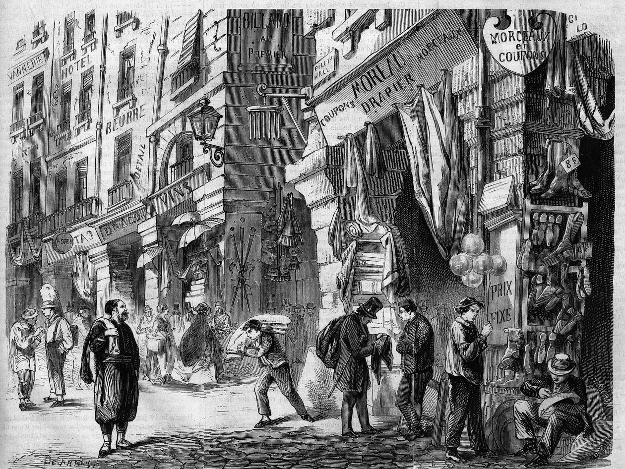 París, vista de las galerías cubiertas en la planta baja de las casas de la rue de la Tonnellerie, también llamadas los pilares de Les Halles, grabado según el dibujo de Delannoy, en "L
